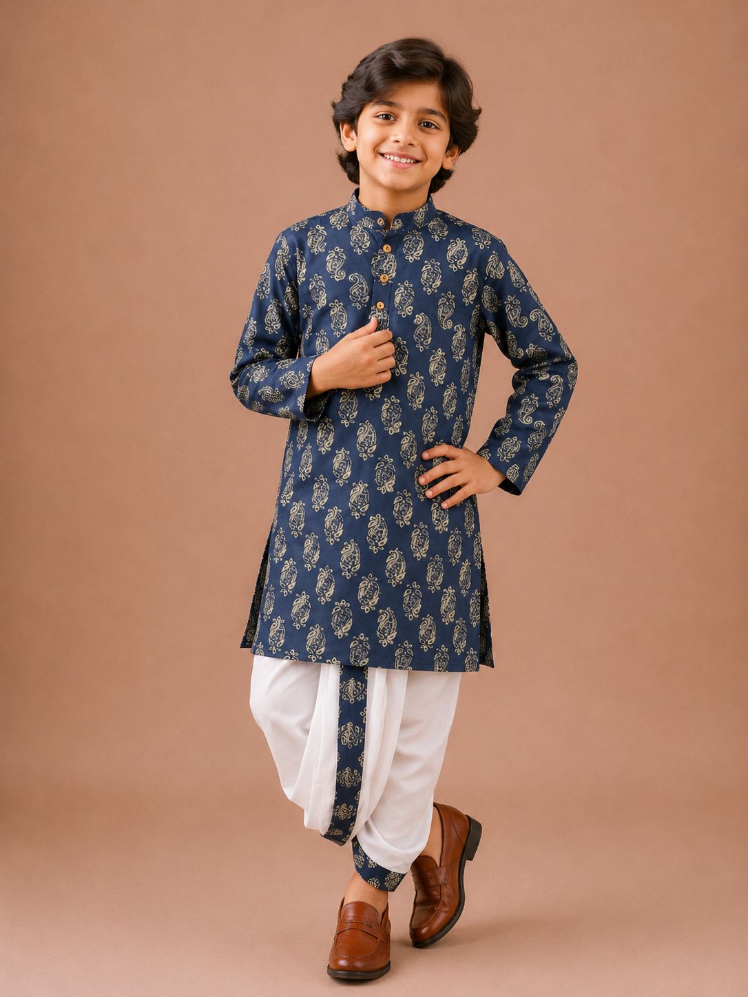 Blue Paisley Print Kurta with Dhoti Set