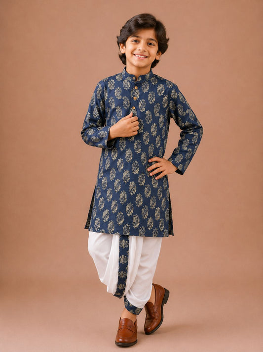 Blue Paisley Print Kurta with Dhoti Set