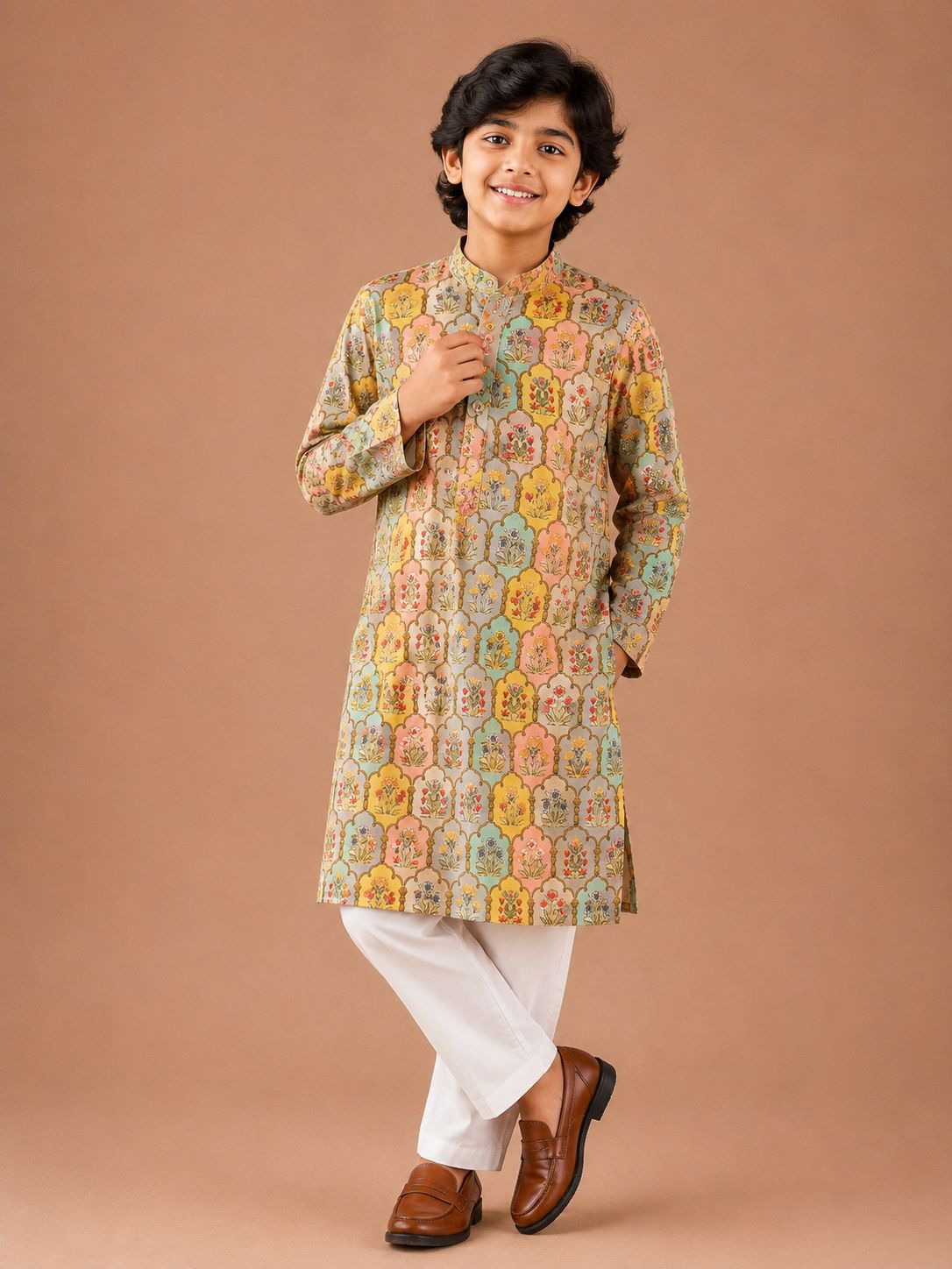 Multi colour Jaal Mosaic Kurta with Pants Family Combo