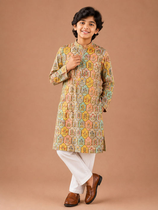Multi colour Jaal Mosaic Kurta with Pants Family Combo