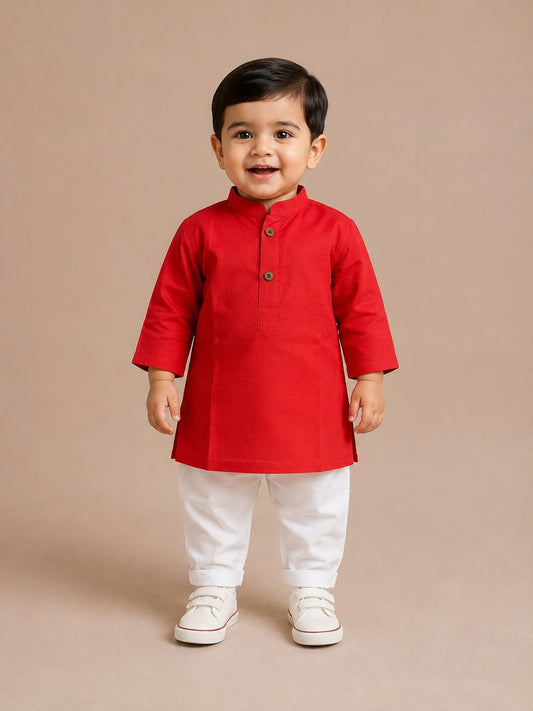 Solid Red Long Kurta with Pyjama