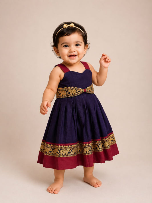 Royal Blue Narayanpet with Mustard Elephant Border