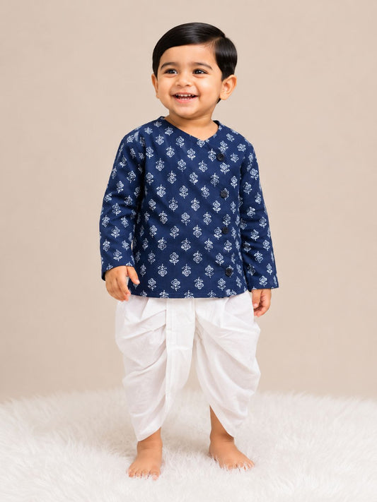 Dark Blue Flower Kurta with Dhoti