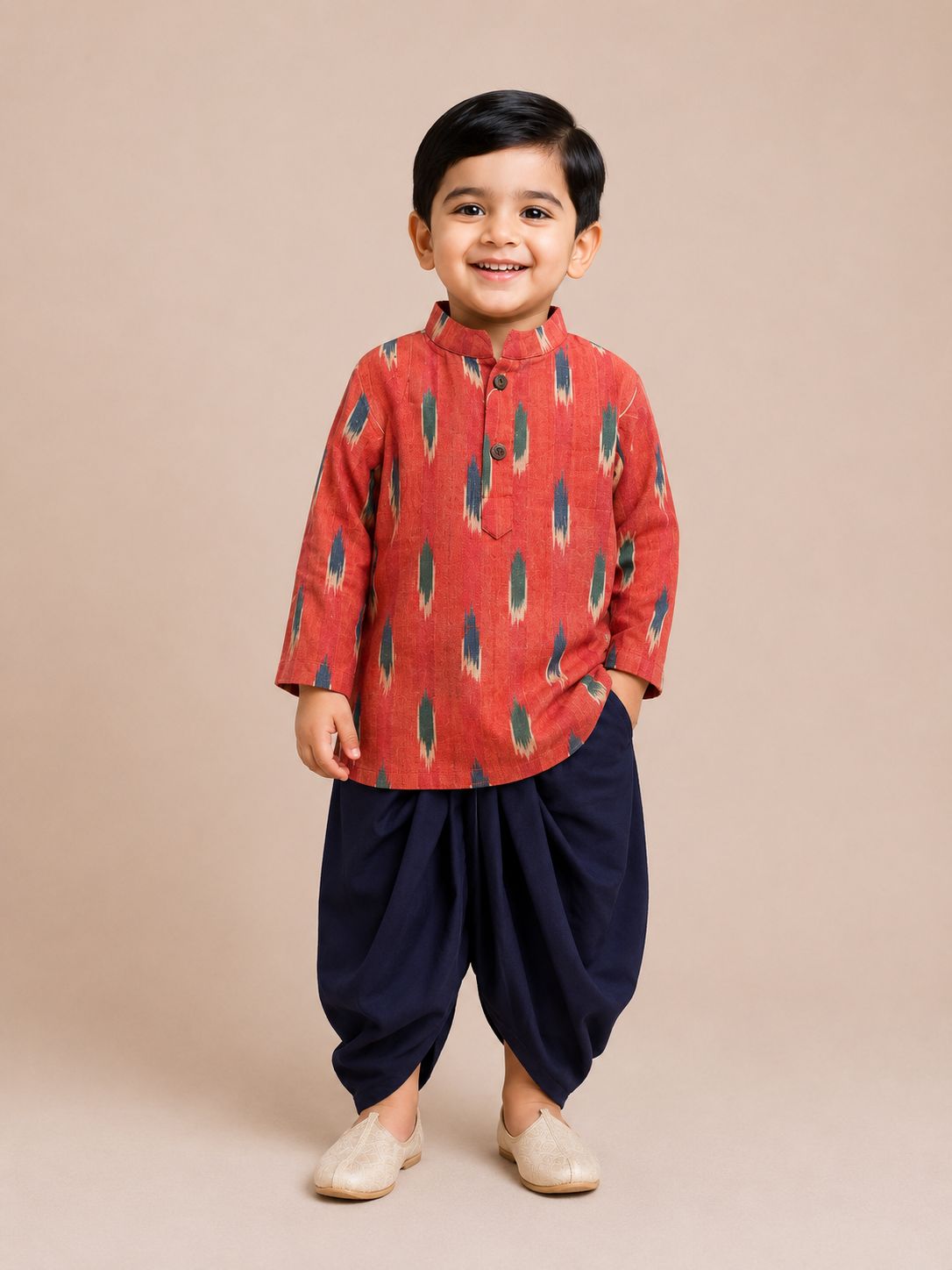 Orange Ikat Kurta with Navy Blue Dhoti