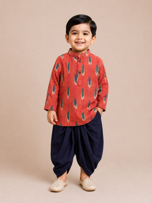 Orange Ikat Kurta with Navy Blue Dhoti