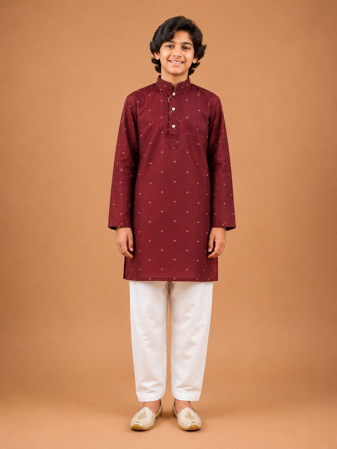 Maroon Cotton Silk Buta Work Kurta with Pyjama Set