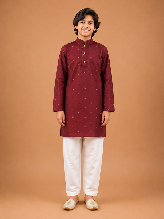 Maroon Cotton Silk Buta Work Kurta with Pyjama Set