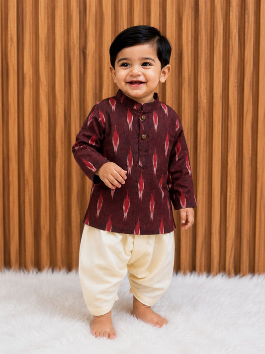 Burgundy Ikat Kurta with White Dhoti