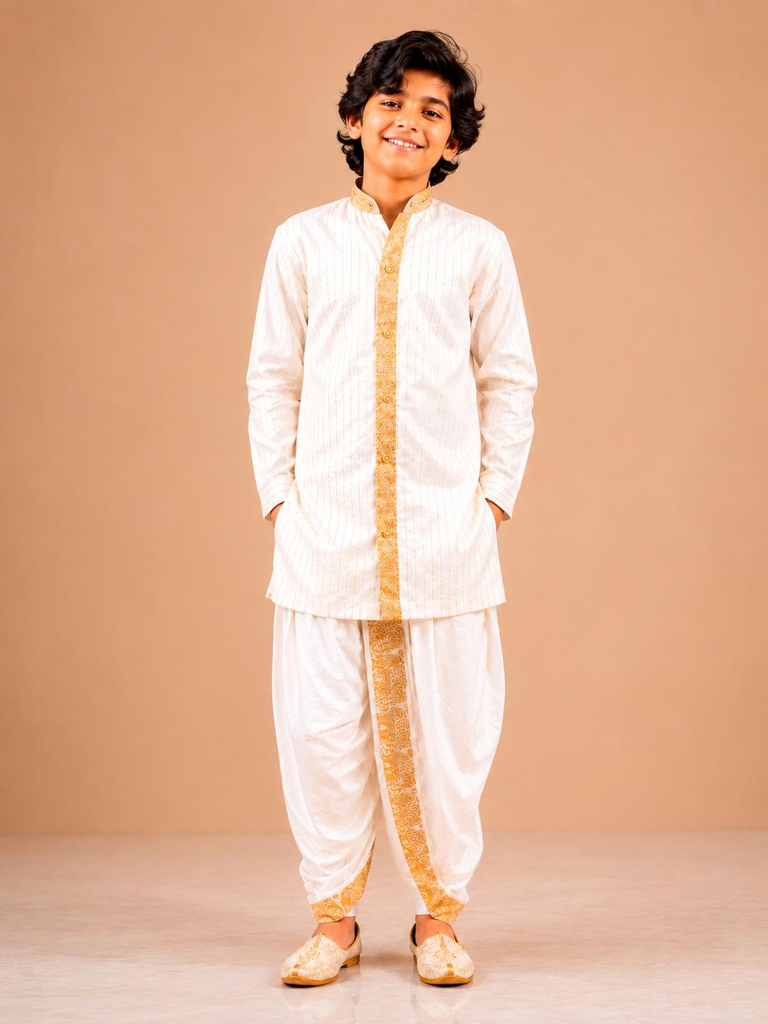White Striped Kurta with Golden Elephant Border Dhoti