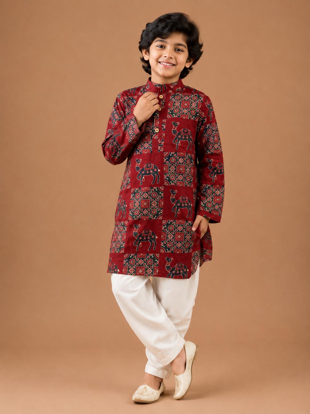 Red Camel Print Kurta Pyjamai