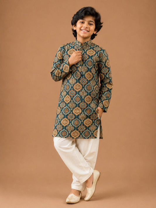Blue Ajrakh-Style Geometric Kurta Pyjama
