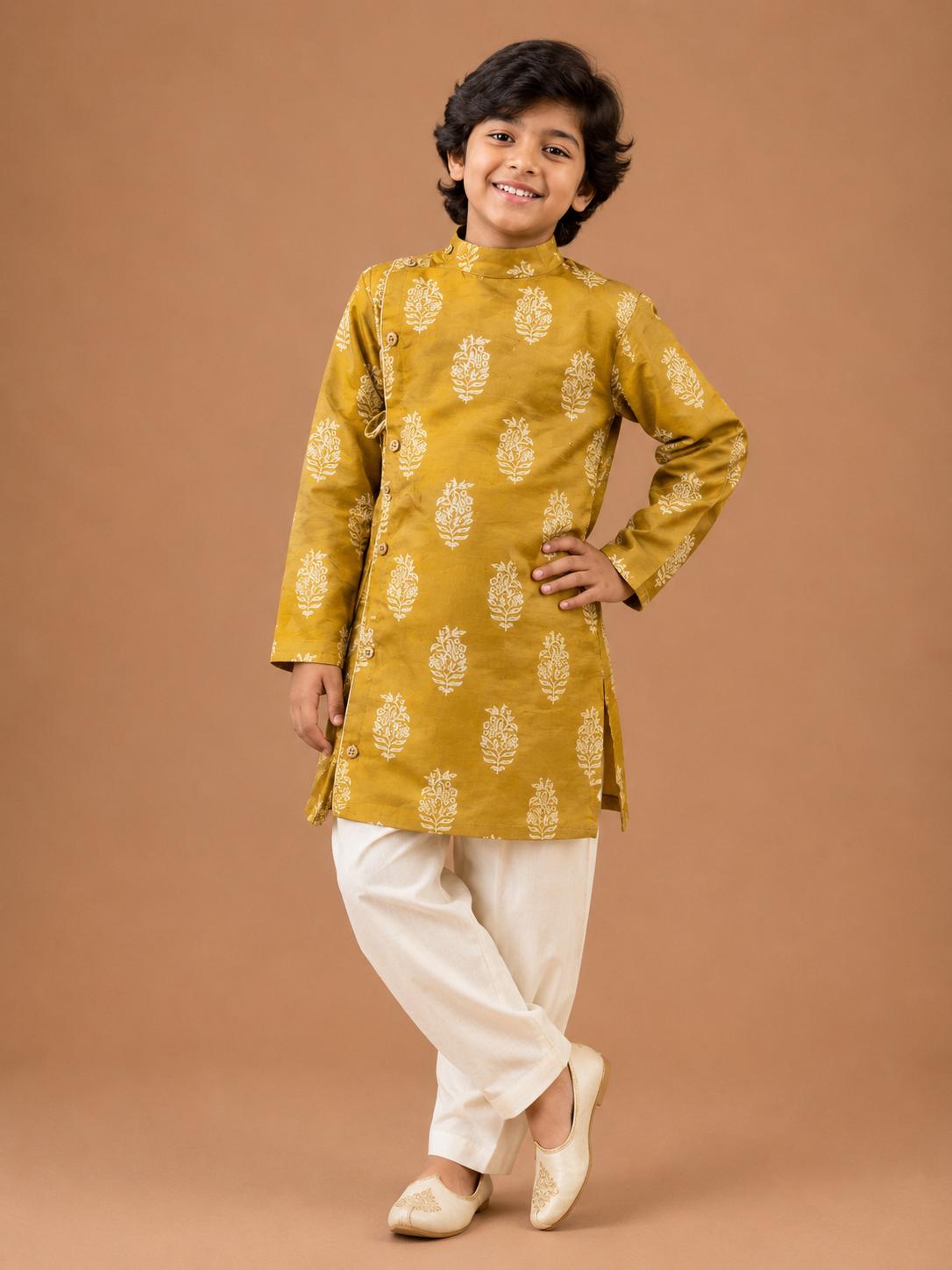 Golden Mustard Yellow Floral Booti Kurta Pyjama
