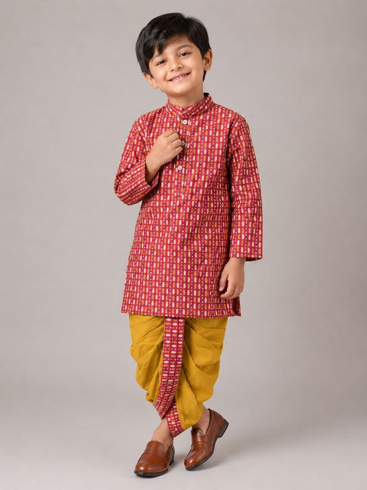 Pink Grid Kurta with Yellow Dhoti
