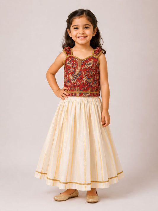 Rust Bird Print Blouse with White & Gold Skirt Set
