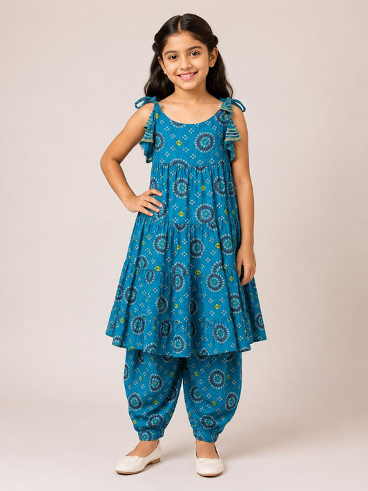 Turquoise Bandhani Tier Kurti with Afghan Pant