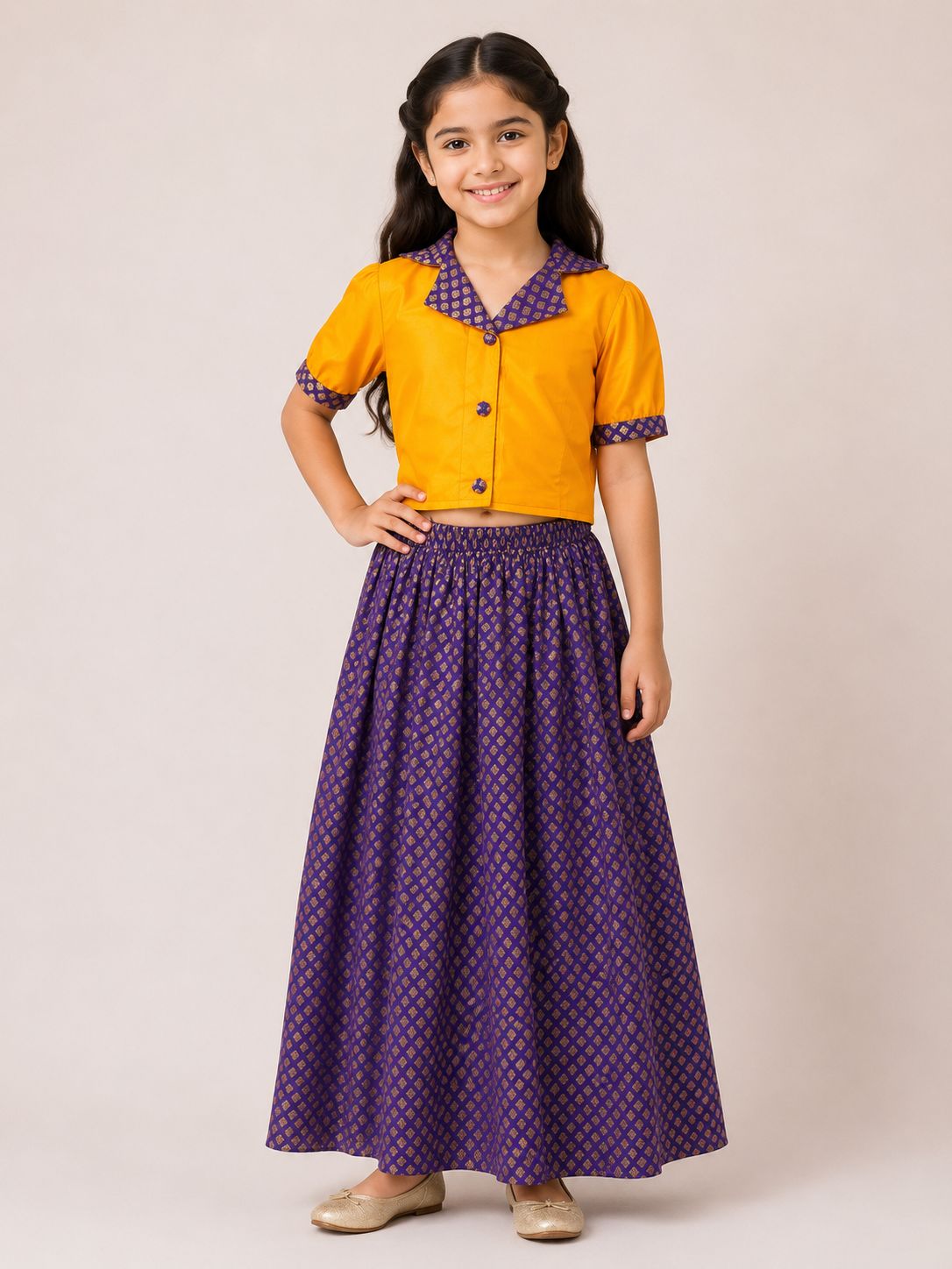 Mustard & Purple Collared Top with Skirt