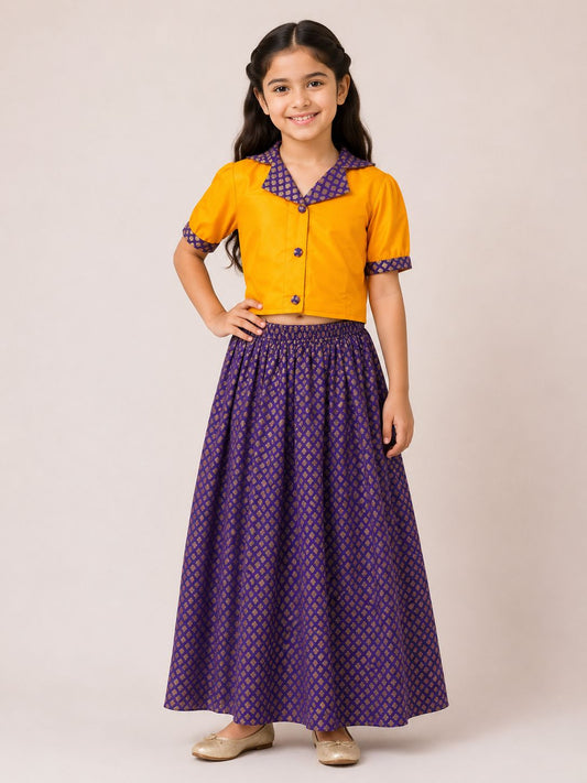 Mustard & Purple Collared Top with Skirt