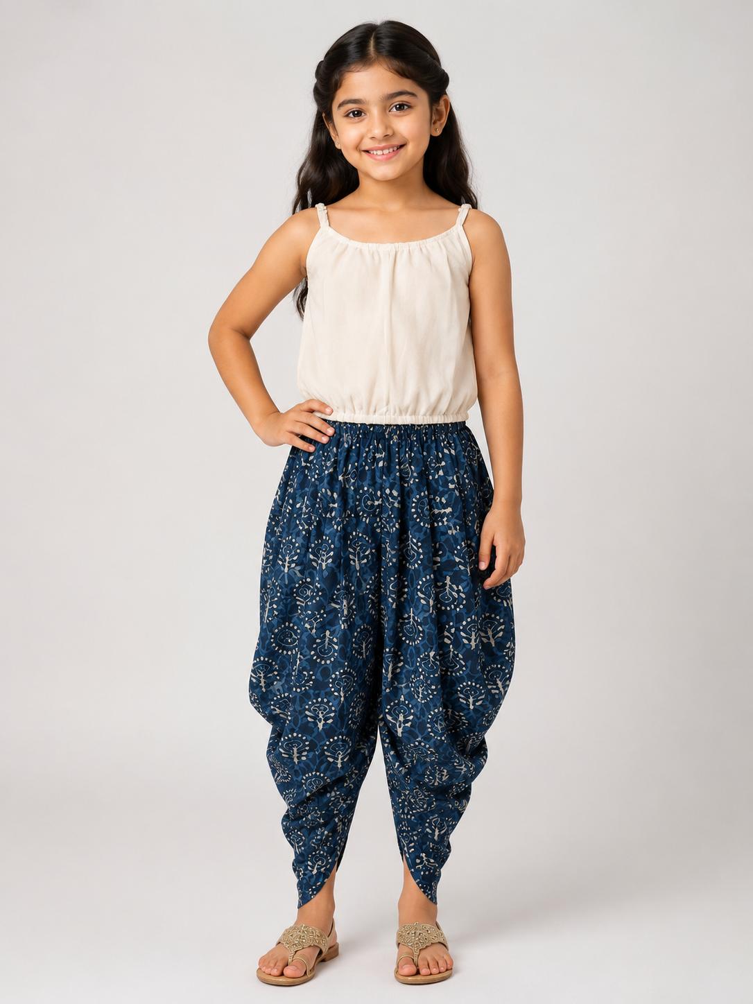 White Button Up Top with Indigo Bloom Pant