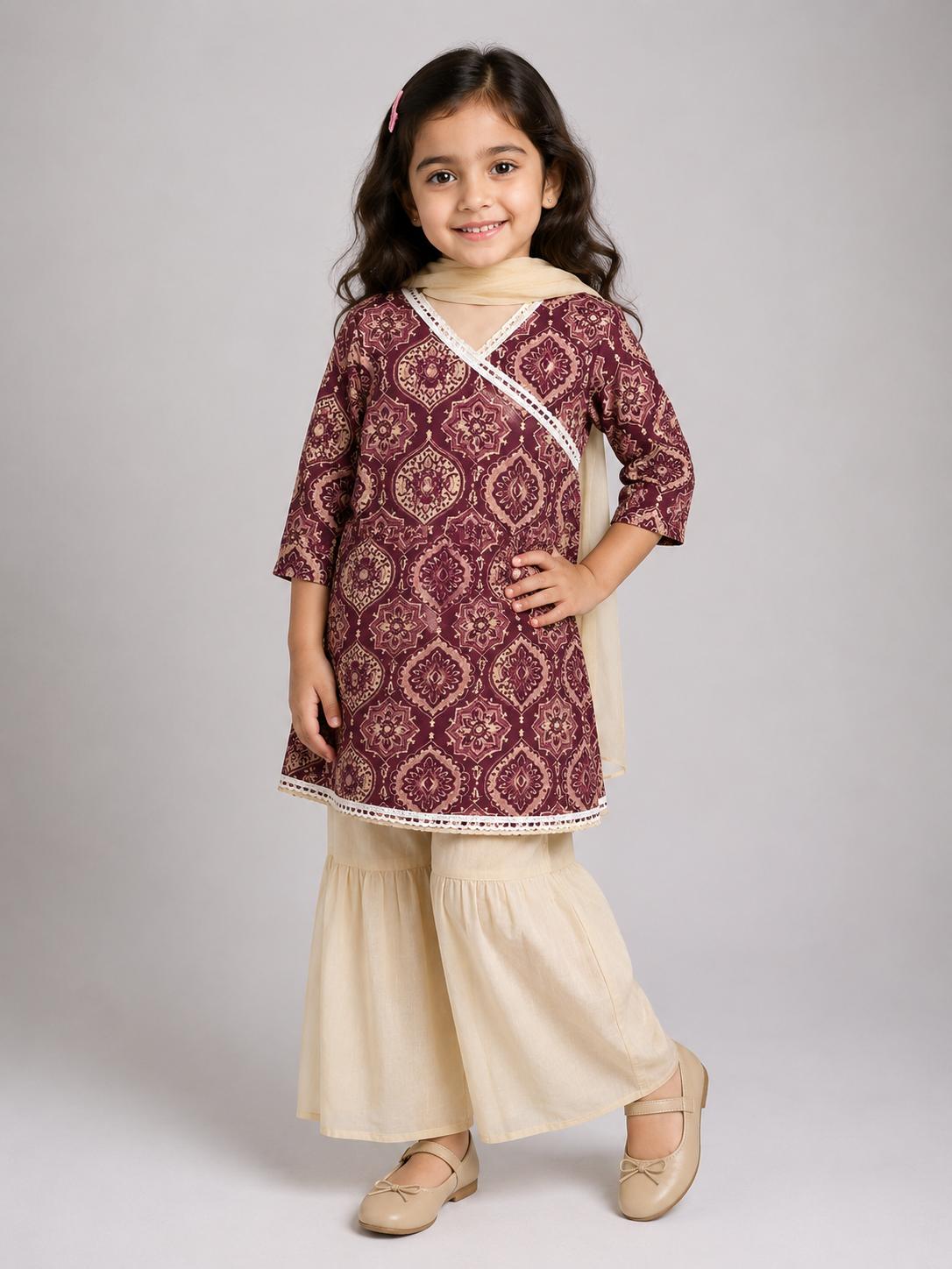 Plum Mughal Tiles Kurti with Gharara Pants Family Combo