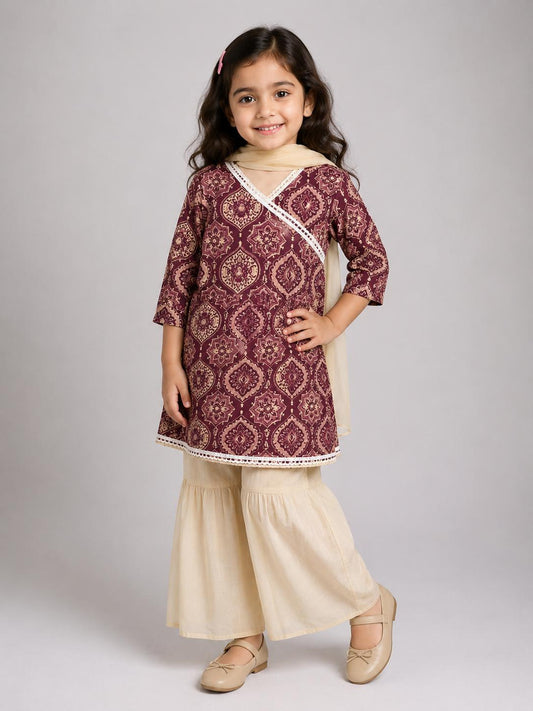 Plum Mughal Tiles Kurti with Gharara Pants Family Combo