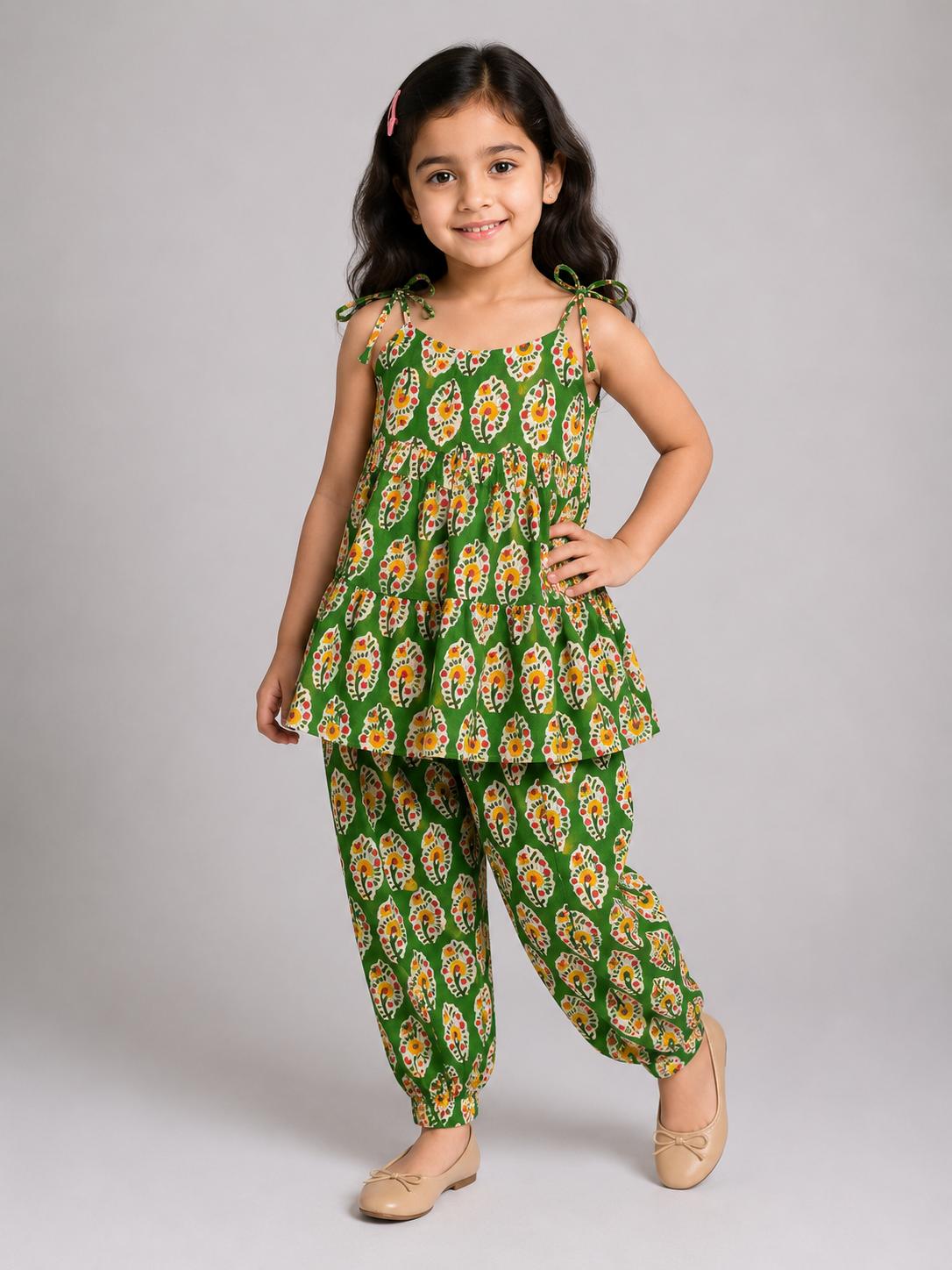 Green Flower Print Tiered Kurti with Afghan Pant