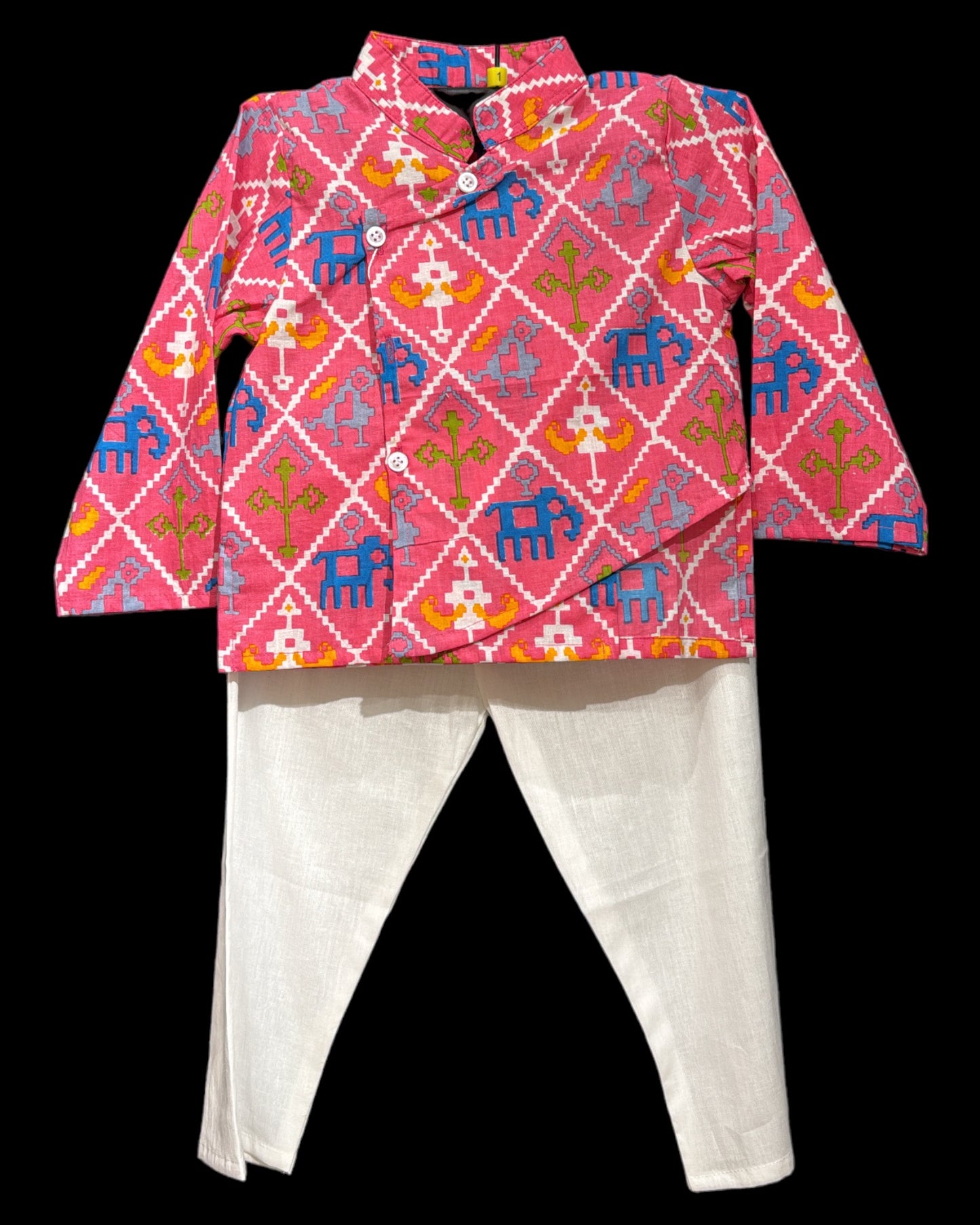 Diagonal Front Buttons Pink Patola Printed Kurta Set