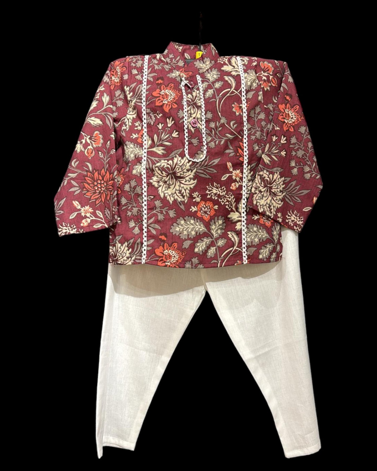 Floral Printed Red Lace Work Kurta and Pyjama