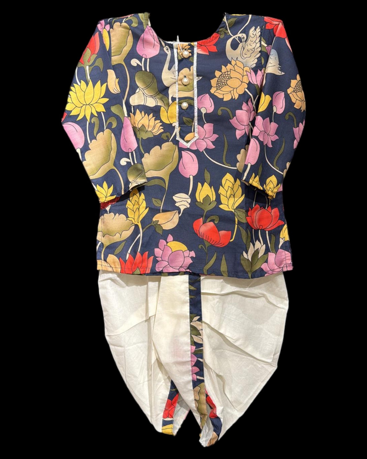 Lotus & Flamingo Print Kurta with Pearl Button & Dhoti - Navy Blue