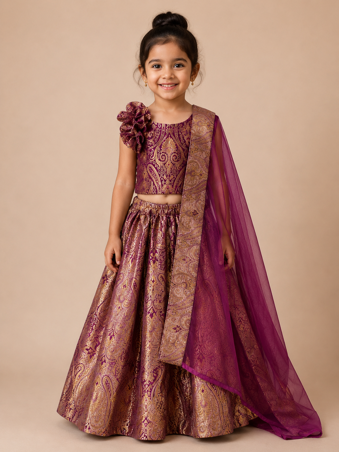 Purple Pure Brocade Skirt and Top with Matching Premium Soft Organza Shawl