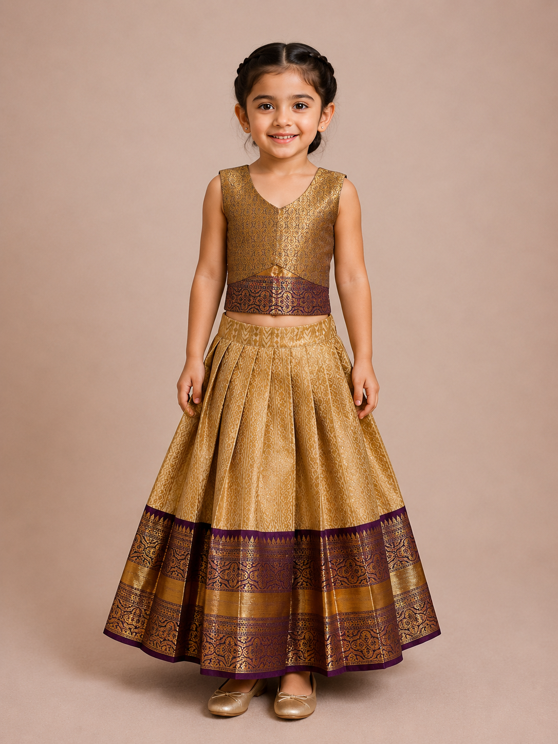 Cream Purple Zari Pattu Pavadai