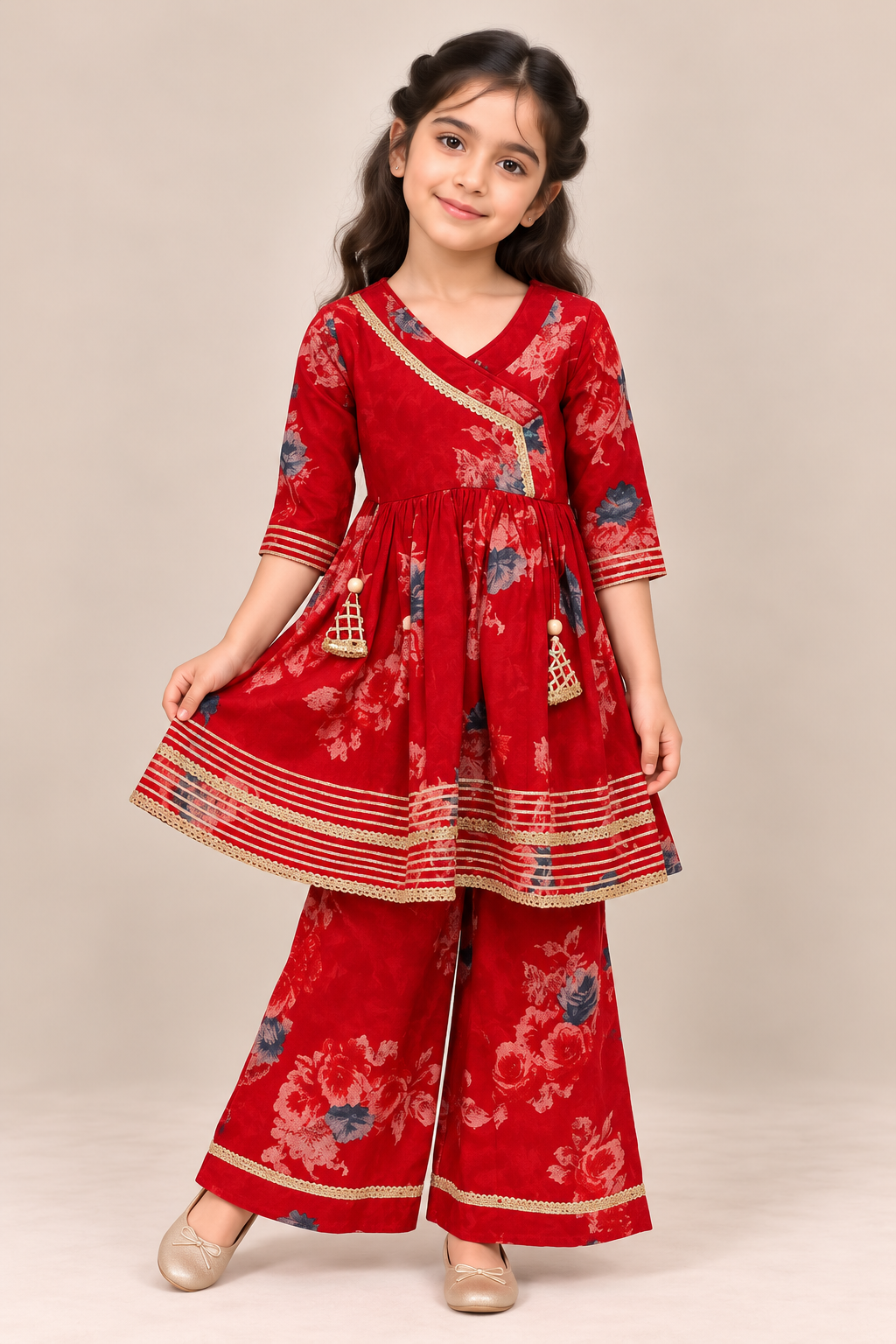 Red Floral Angrakha Top with Palazzo Pants