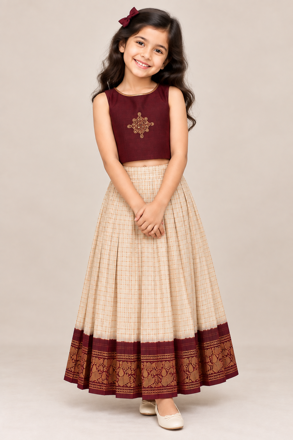 Maroon Kerala Mundu Yamuna Pavadai Set
