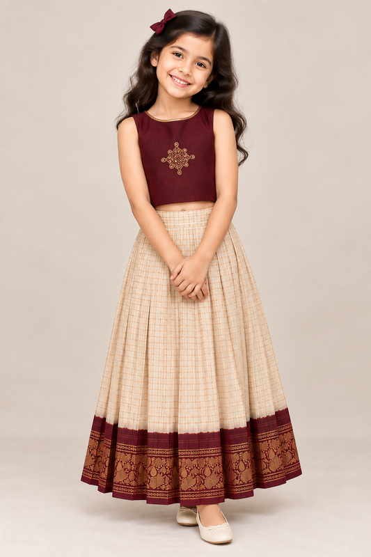 Maroon Kerala Mundu Yamuna Pavadai Set