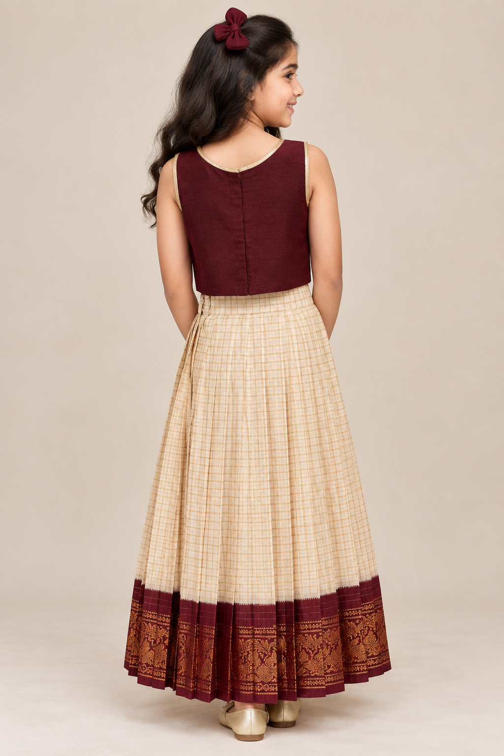 Maroon Kerala Mundu Yamuna Pavadai Set