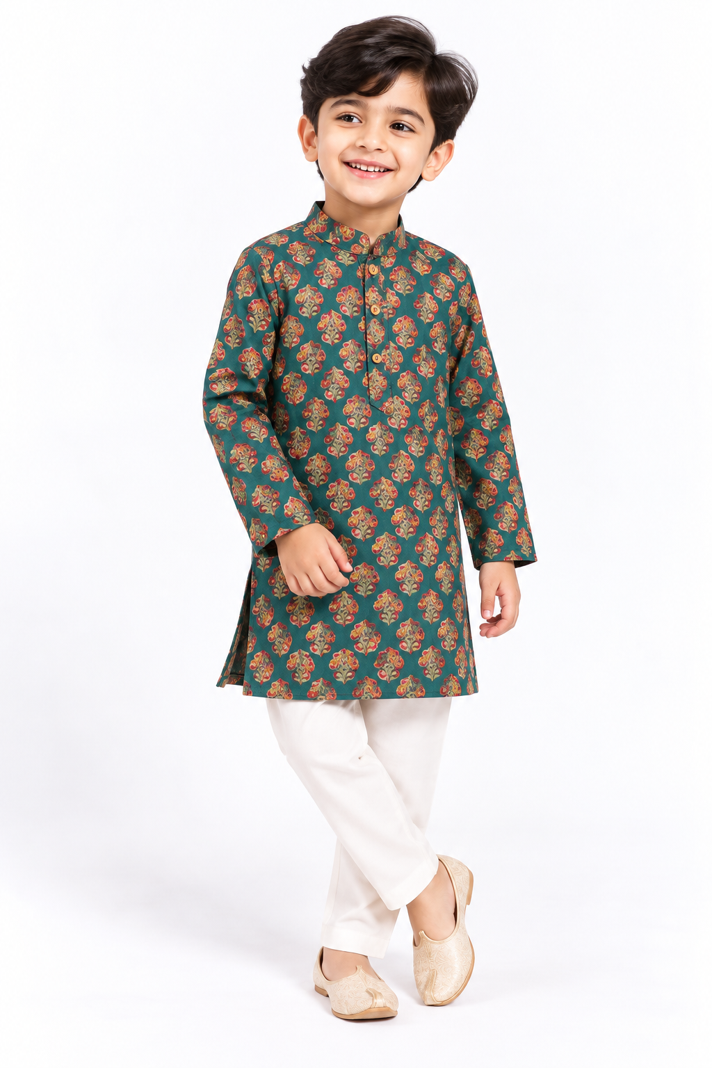 Teal Pink Floral Butta Kurta Set