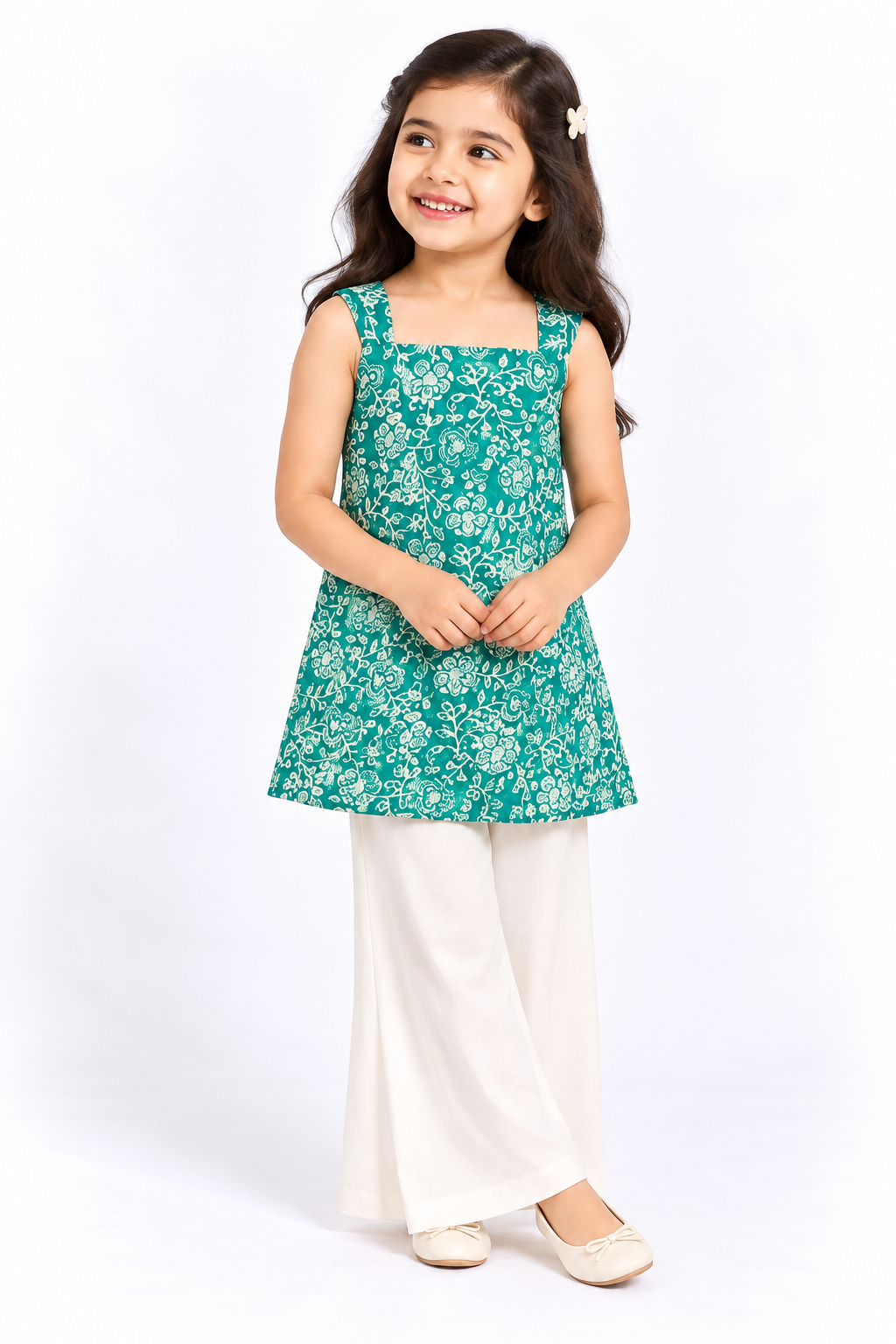 Teal Floral Vine Sexy Back Kurti Set Sibling Combo