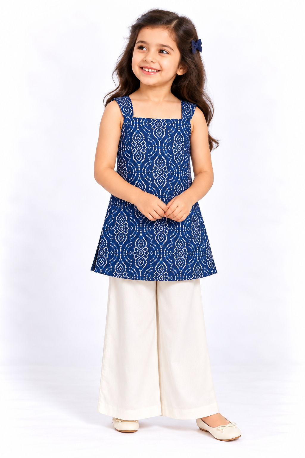 Denim Blue White Bandhani Sexy Back Kurti Set Sibling Combo
