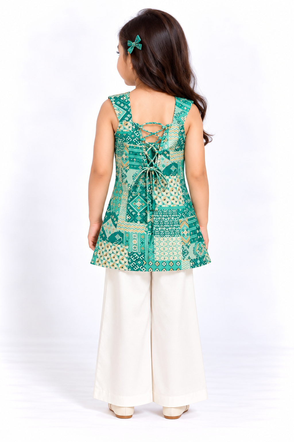 Turquoise Geometric Patchwork Sexy Back Kurti Set Sibling Combo