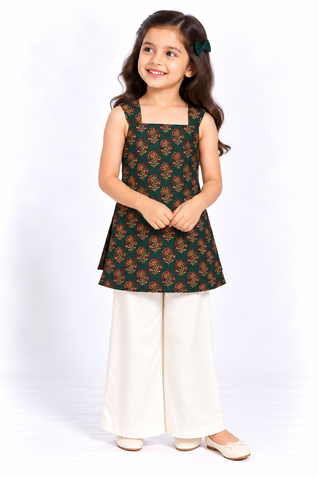 Teal Pink Floral Butta Sexy Back Kurti Set Sibling Combo