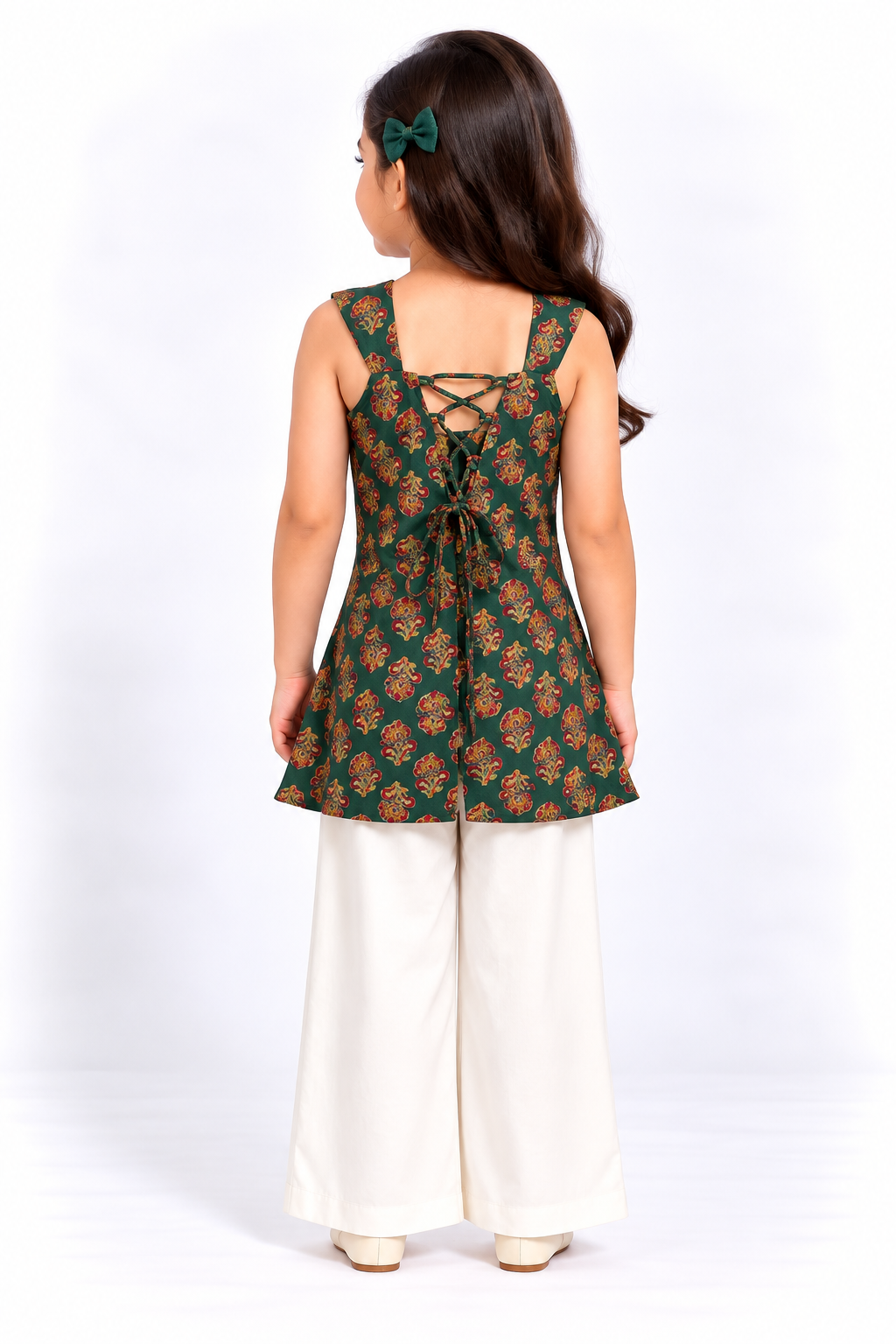Teal Pink Floral Butta Sexy Back Kurti Set Sibling Combo