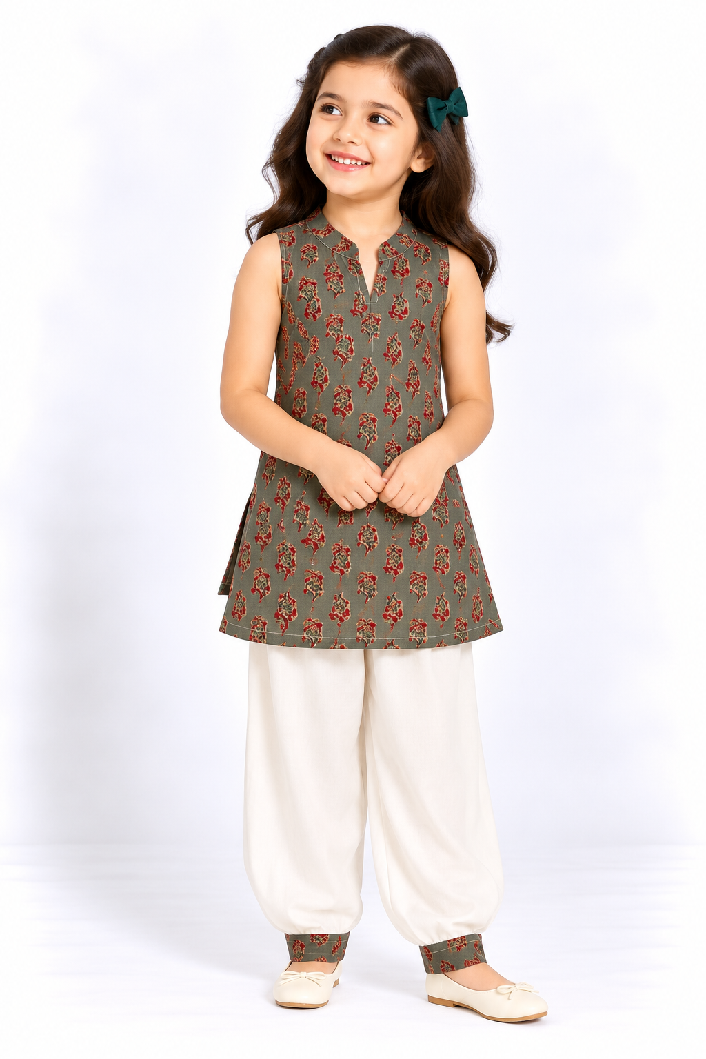 Sage Green Red Floral Sleeveless Kurti with Afghan Cuff Pant Sibling Combo