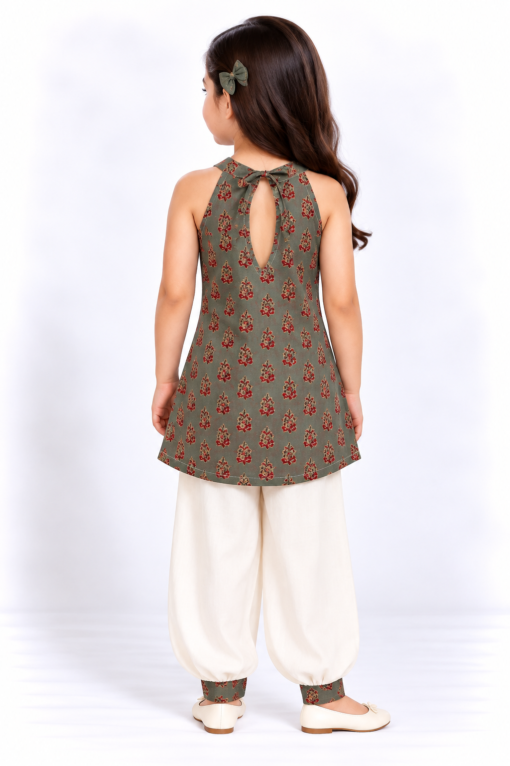 Sage Green Red Floral Sleeveless Kurti with Afghan Cuff Pant Sibling Combo