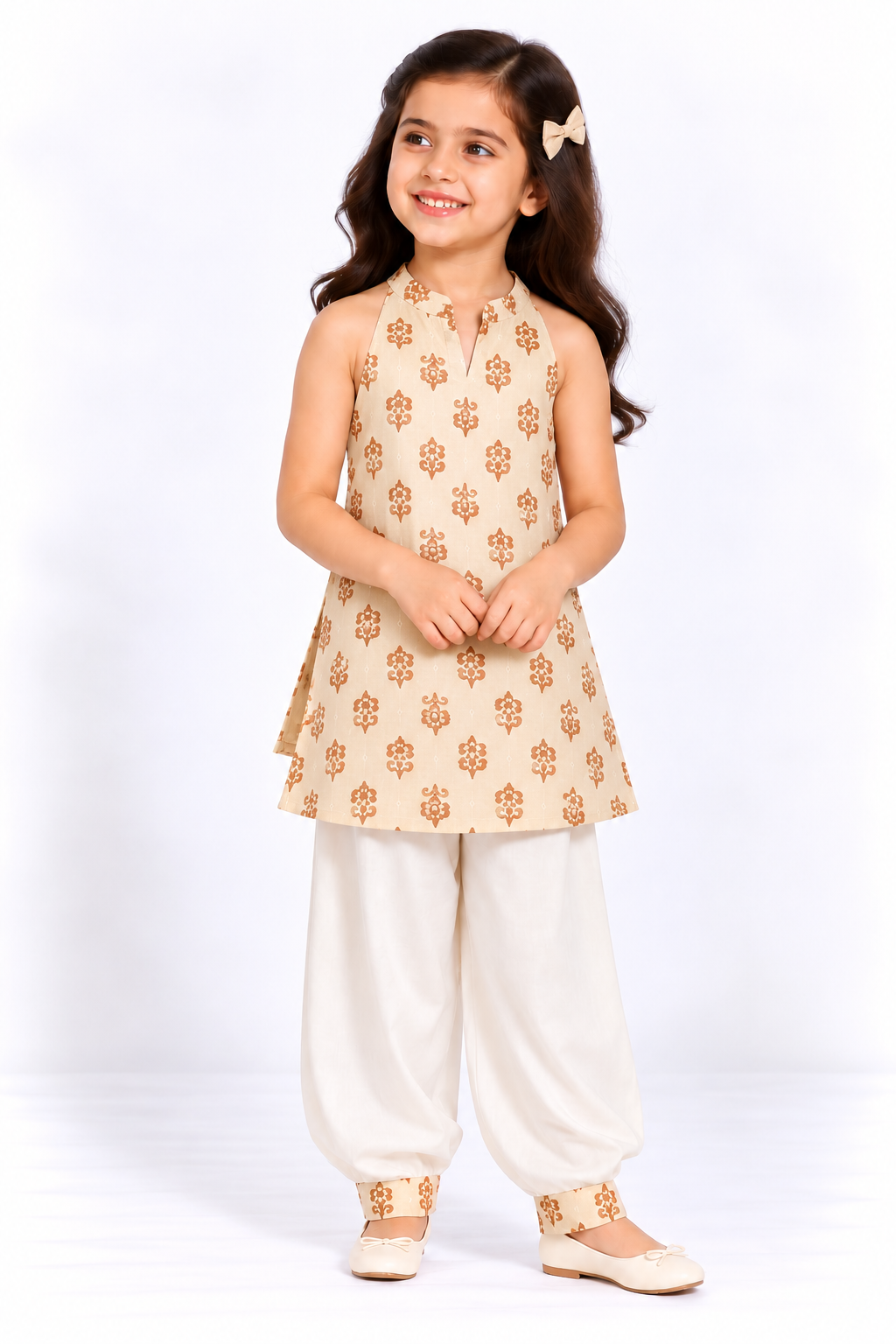 Ivory Peach Floral Sleeveless Kurti with Afghan Cuff Pant Sibling Combo