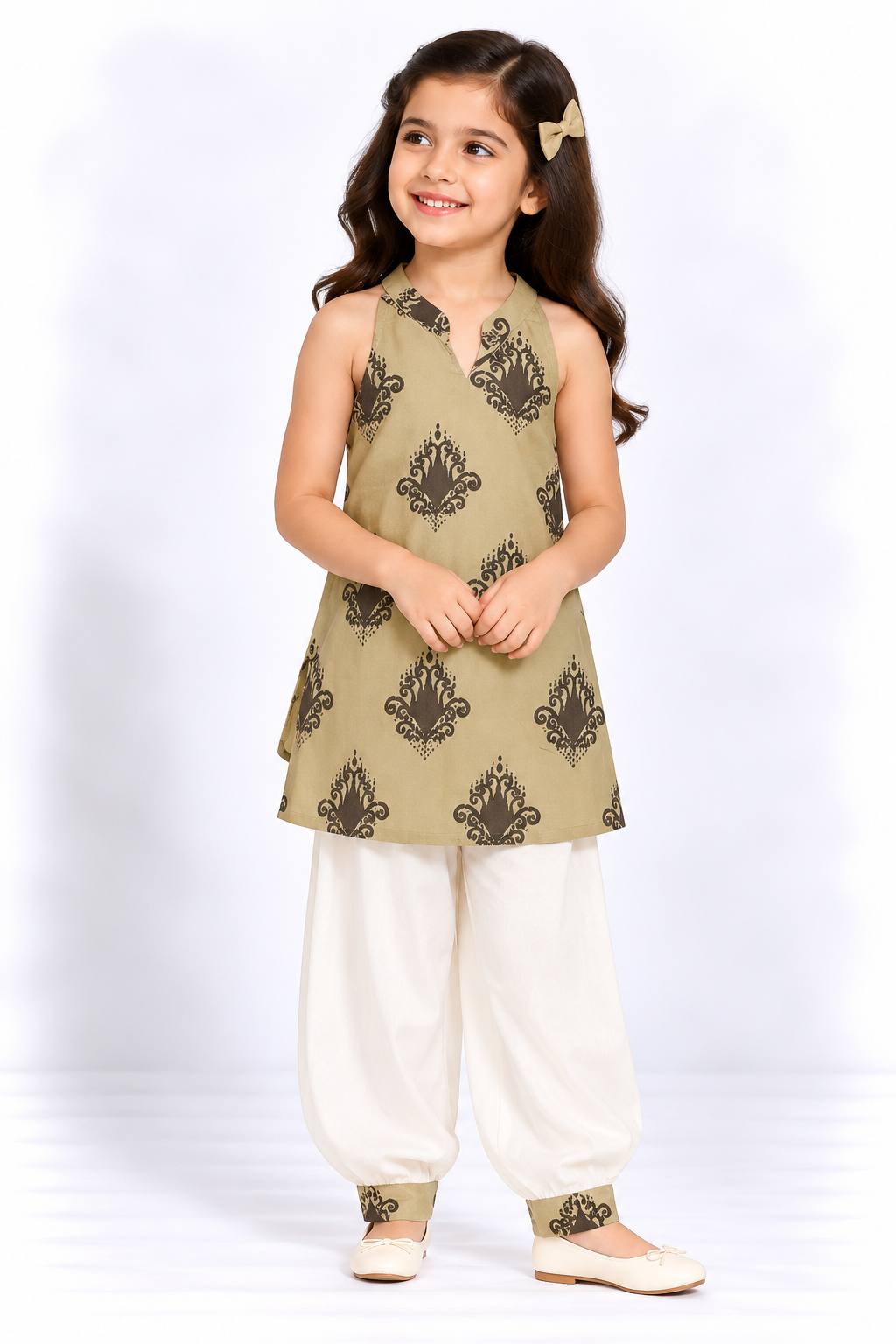 Sage Green Black Floral Sleeveless Kurti with Afghan Cuff Pant Sibling Combo