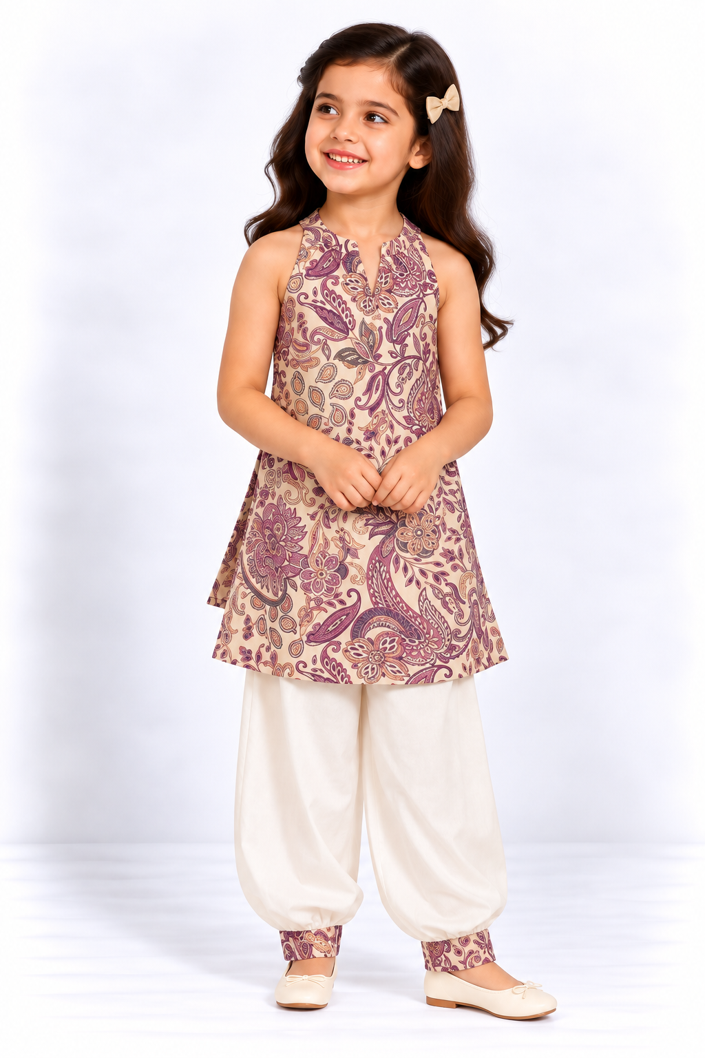 ⁠Ivory Purple Paisley Sleeveless Kurti with Afghan Cuff Pant Sibling Combo