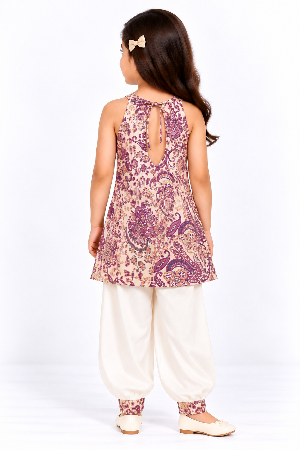 ⁠Ivory Purple Paisley Sleeveless Kurti with Afghan Cuff Pant Sibling Combo