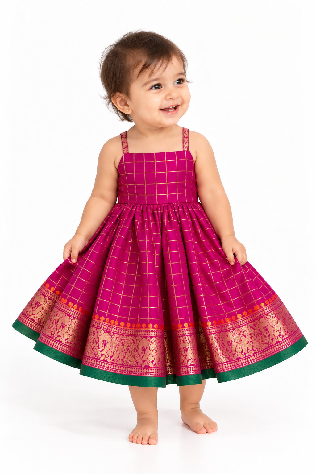 Magenta Checked Gold Border Frock