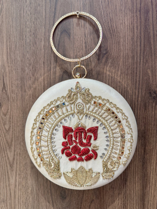 White Ganesha Embroidered Diamond Studded Wristlet with Gold Sling Chain