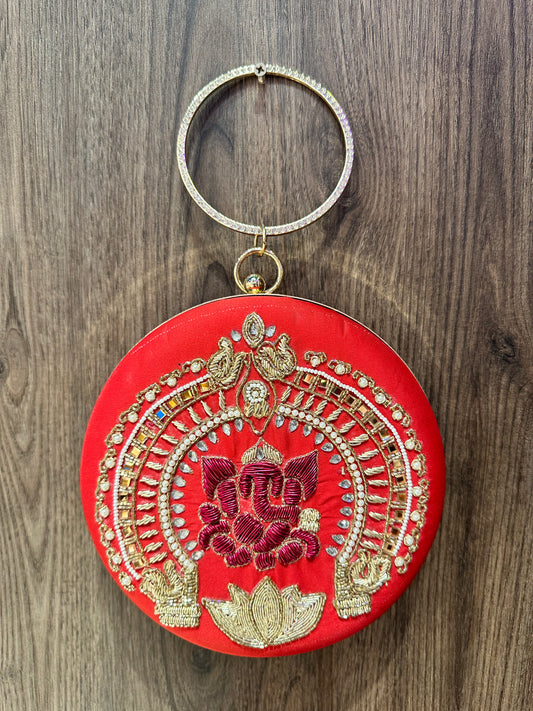 Red Ganesha Embroidered Diamond Studded Wristlet with Gold Sling Chain