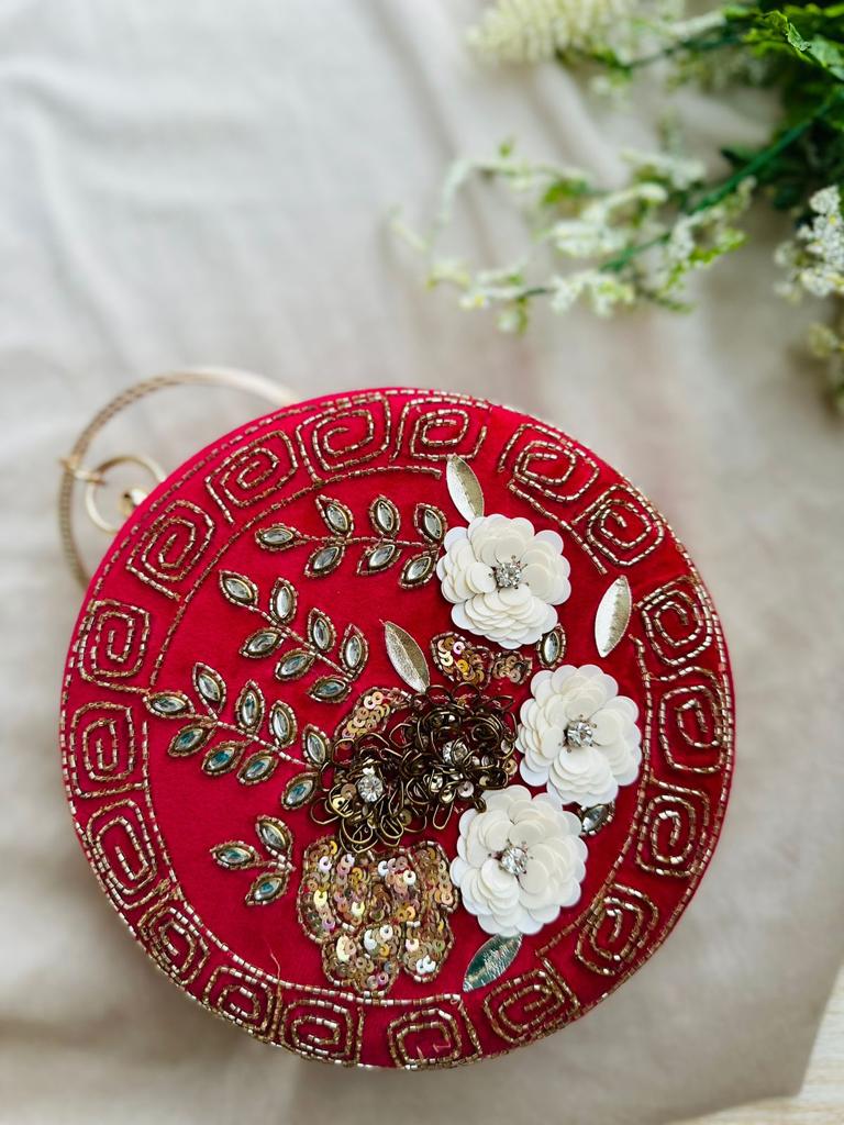 Red Floral Embroidered Diamond Studded Wristlet with Gold Sling Chain